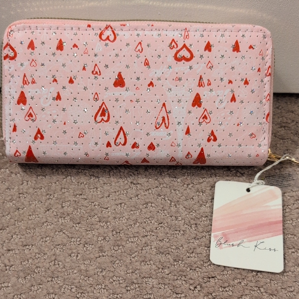 Blush Kiss Pink and Red Heart Double Zipper Wallet NWT